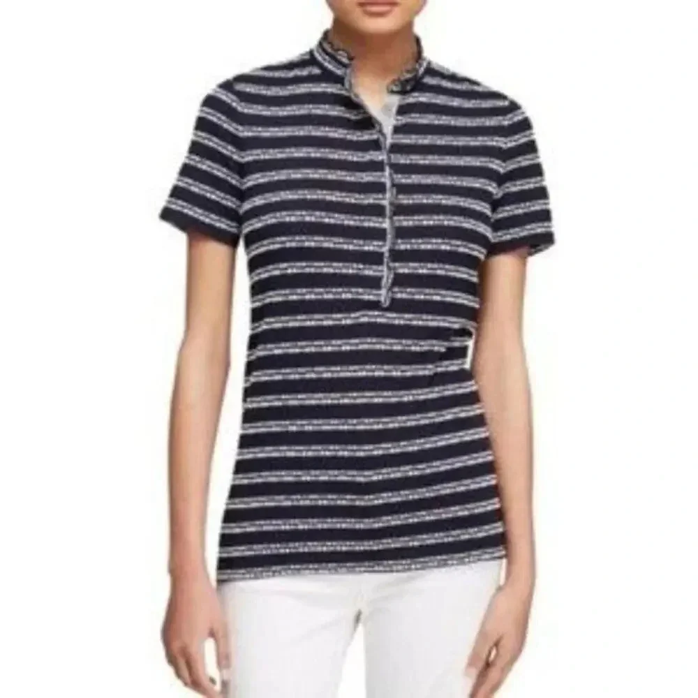 Tory‎ Burch Women's XS Polo Top Navy Black Striped Ruffle Detail Short Sleeve